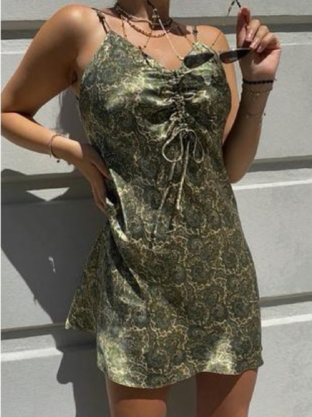 ZARA Green Paisley Print Ruched Tie Front Mini Slip Dress Size XS Boho Y2K